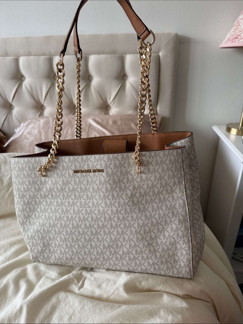 Michael Kors Cream Beige Logo Chain Shoulder Tote